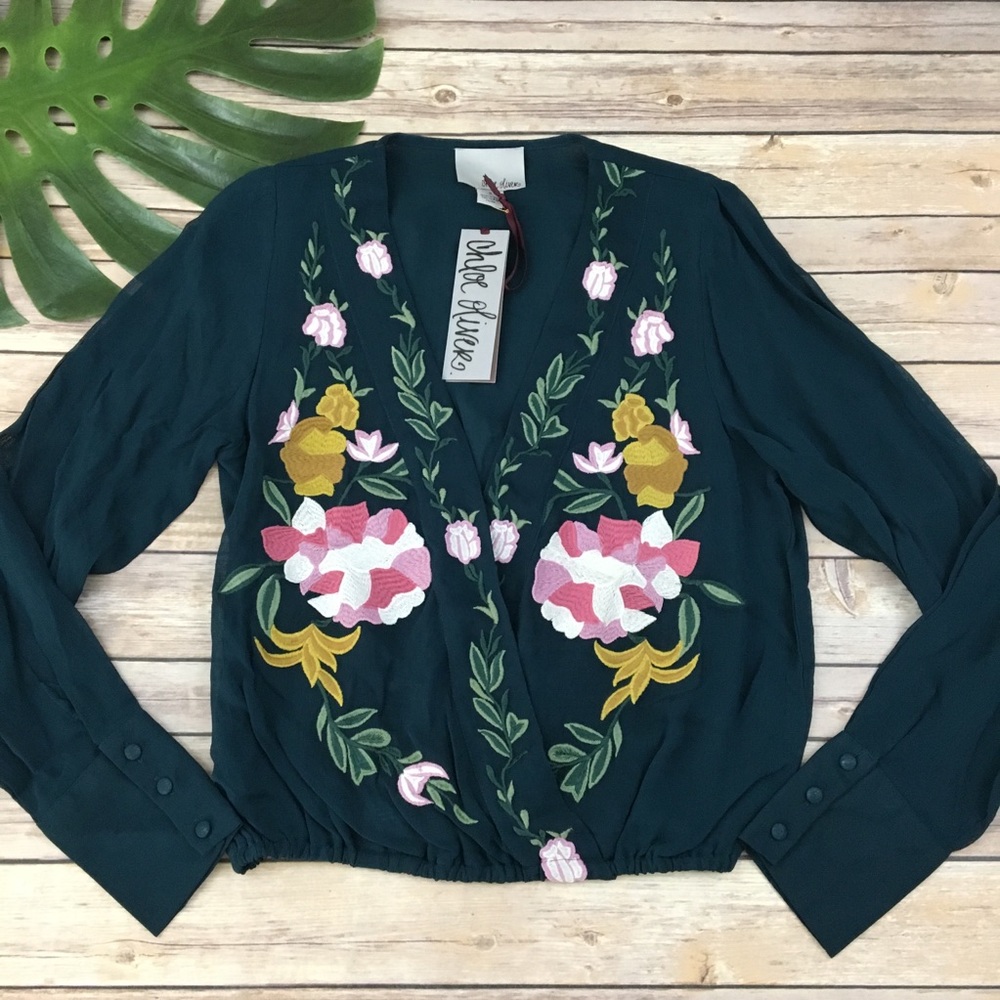 Chloe Oliver green wrap front embroidered top